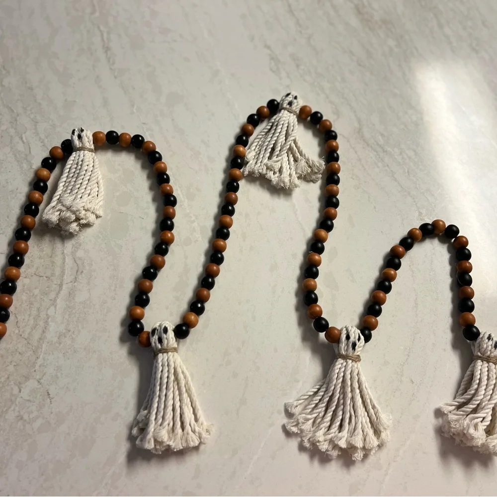 Wooden Halloween Garland 7Ft Ghosts Beaded Handmade Cottage Rustic Farmhouse